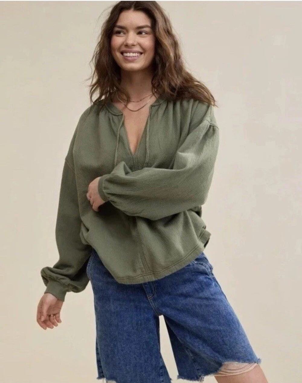 Aerie Easy Street Pullover Oversized XS (fits Like S) Tie Neck Sweatshirt